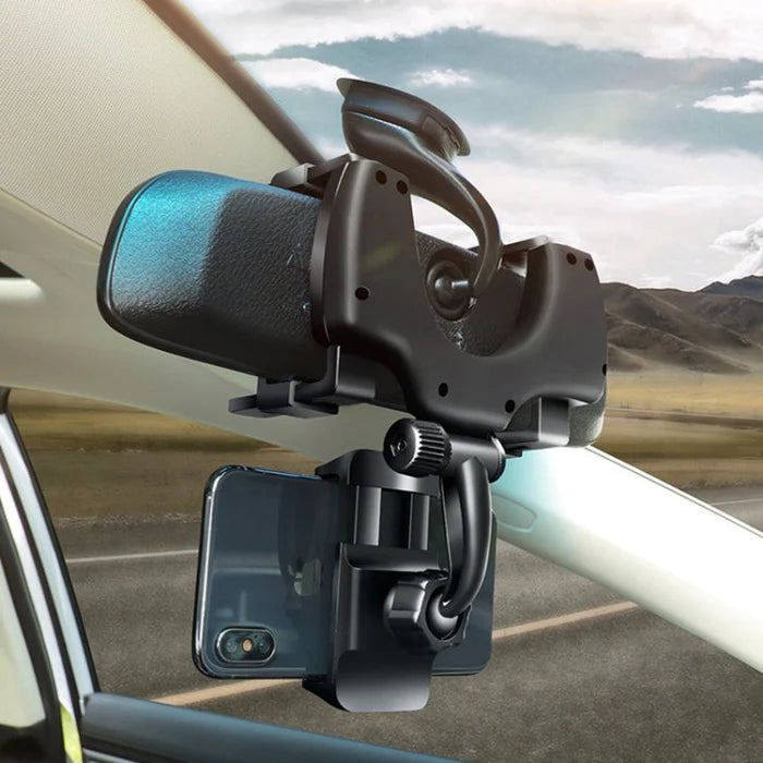 Premium 360° mobile phone holder mounted on rearview mirror, providing stable grip for safe driving.