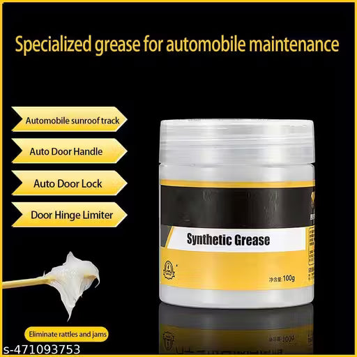 Jar of synthetic grease for automobile maintenance with text on a black background