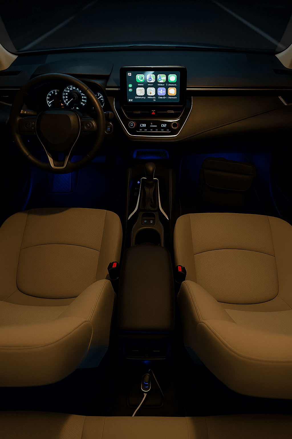 Modern car interior showcasing cabin comfort with plush seating and ambient lighting for a cozy driving experience.