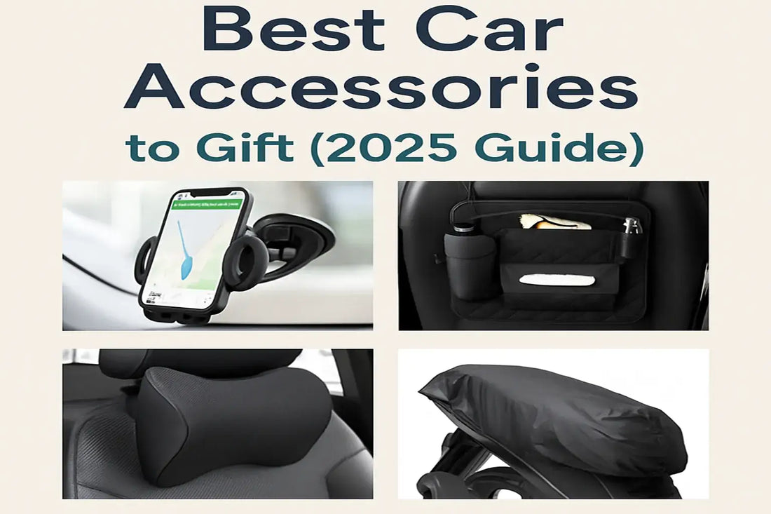 Collage of best car accessories to gift in 2025, including a phone mount, organizer, headrest, and cushion.