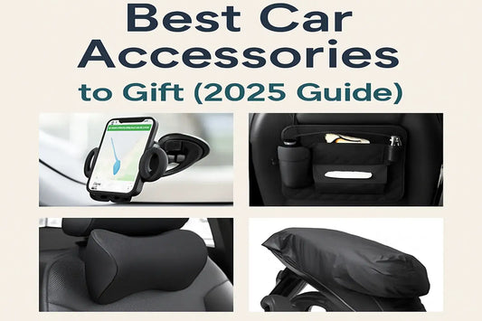 Collage of best car accessories to gift in 2025, including a phone mount, organizer, headrest, and cushion.