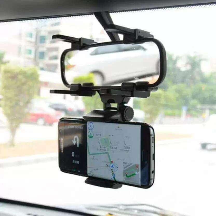 How to Choose the Best Car Mobile Phone Holder with smartphone mounted on a car mirror, showing GPS navigation.