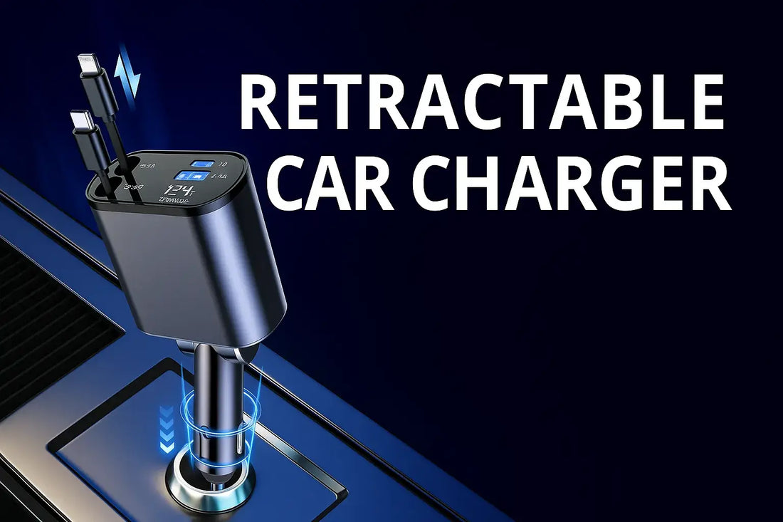 Retractable Car Charger with Type C and Apple Cable | 66W Fast Charging Adapter for iPhone, Android, iPad, SUV, and Car | FlexxGarage Car Accessory