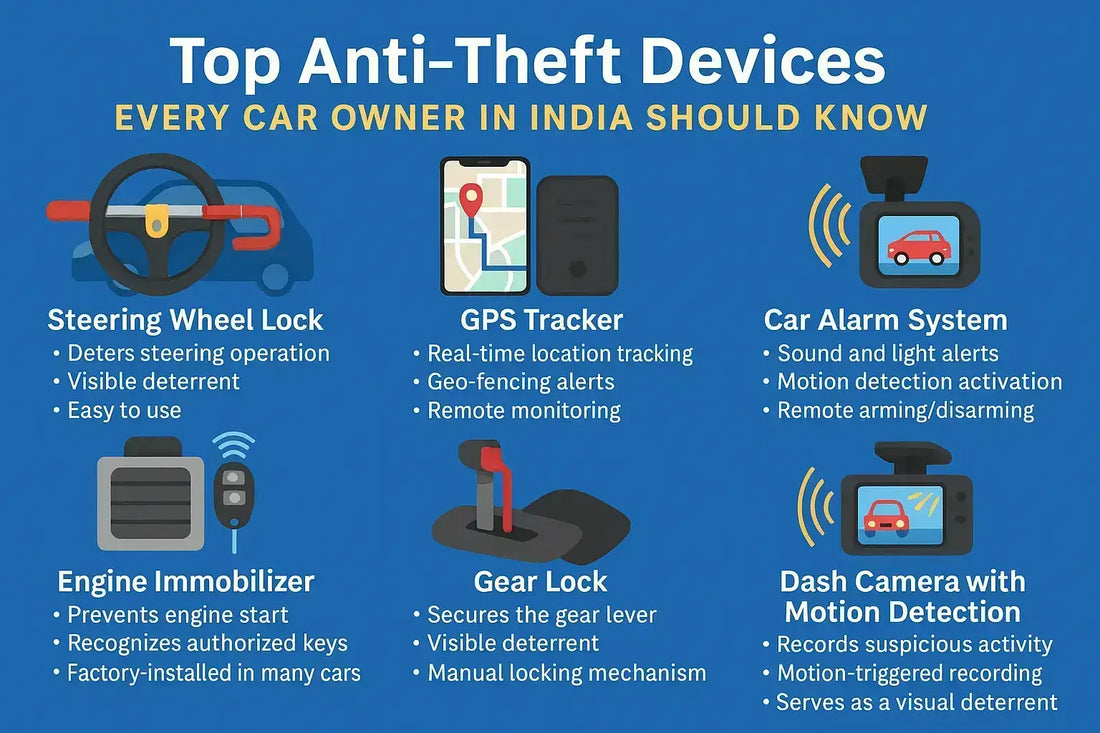 Infographic on Top Anti-Theft Devices every car owner in India should know, featuring various security solutions.