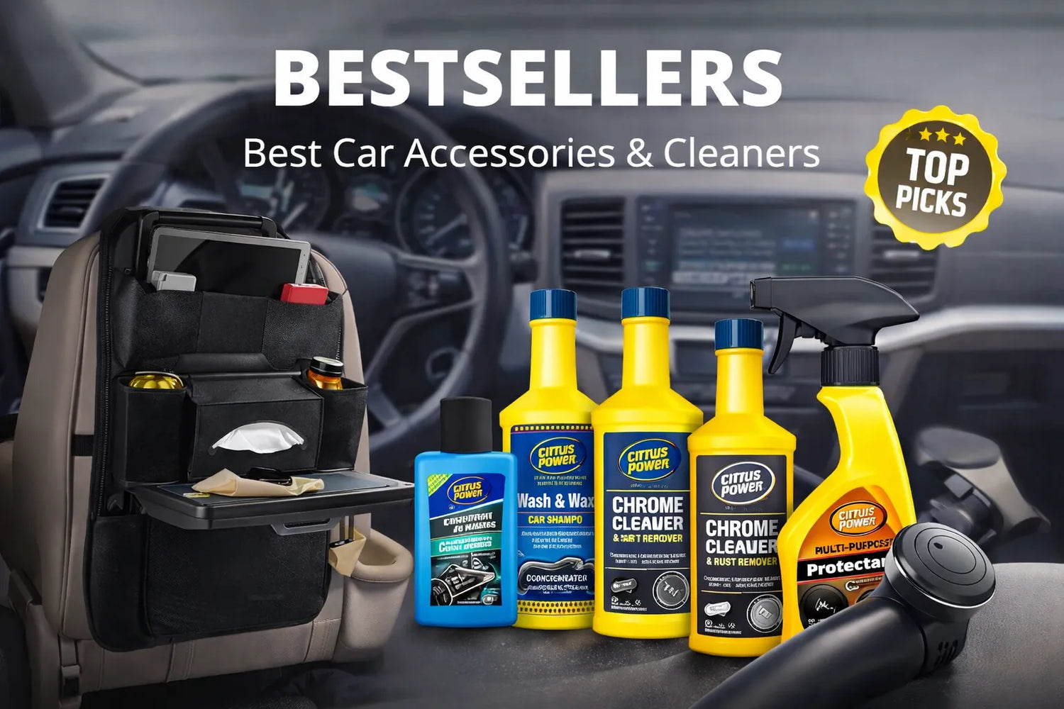 Stylized illustration of a car with automotive tools and gears in the background, representing car maintenance and accessories.