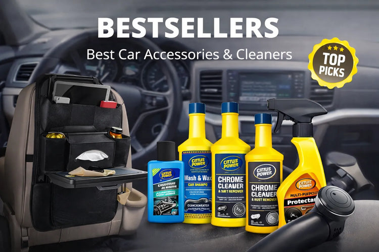 Stylized illustration of a car with automotive tools and gears in the background, representing car maintenance and accessories.