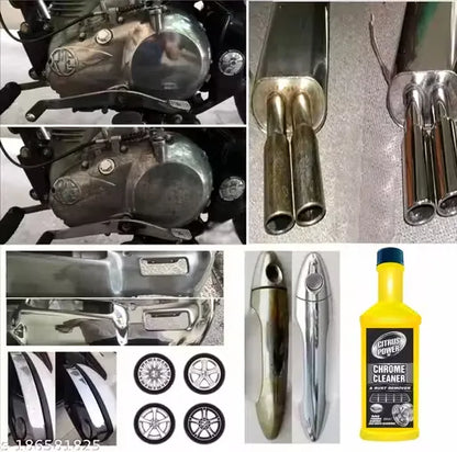 Car Cleaning & Shining Combo-Collage of motorcycle parts, chrome cleaner bottle, and wheel rims.