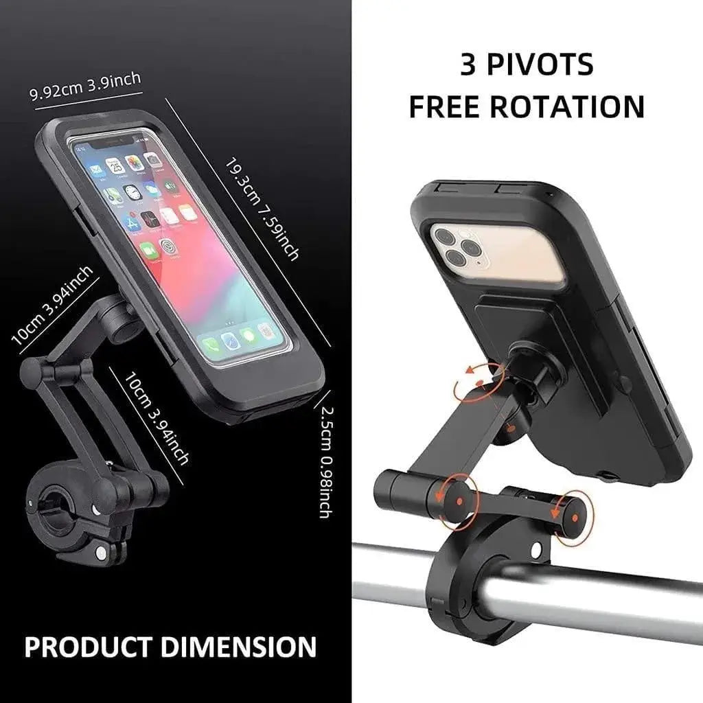 Phone holder with pivots and free rotation feature on a black and white background