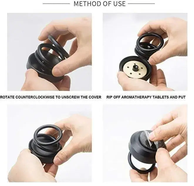 Solar-Powered Air Freshener-Instructions for using a aromatherapy device with text on how to rotate and open it.