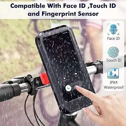 Phone mount on a bike handlebar with waterproof and biometric compatibility features.