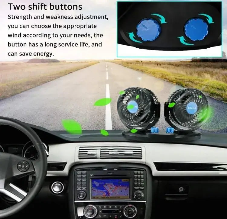 Interior view of a car featuring Mitchell 12V dual-head fan with adjustable speed buttons, designed for efficient cooling.
