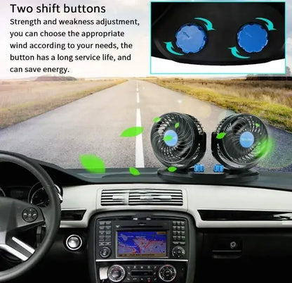 Interior view of a car featuring Mitchell 12V dual-head fan with adjustable speed buttons, designed for efficient cooling.