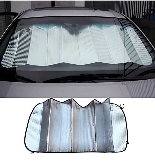 Front and Rear Foldable Car Sunshade in sleek silver color placed on a car windshield, providing ultimate UV protection and keeping the car interior cool.