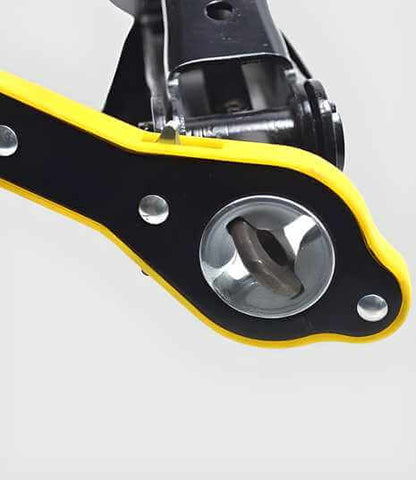 Close-up of a mechanical component with yellow and black finish on a white background