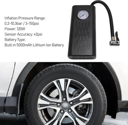 Portable air compressor with tire inflation details and a tire being inflated.