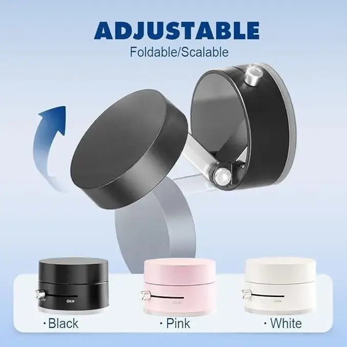 Adjustable foldable/scalable product with black, pink, and white color options on a blue background.