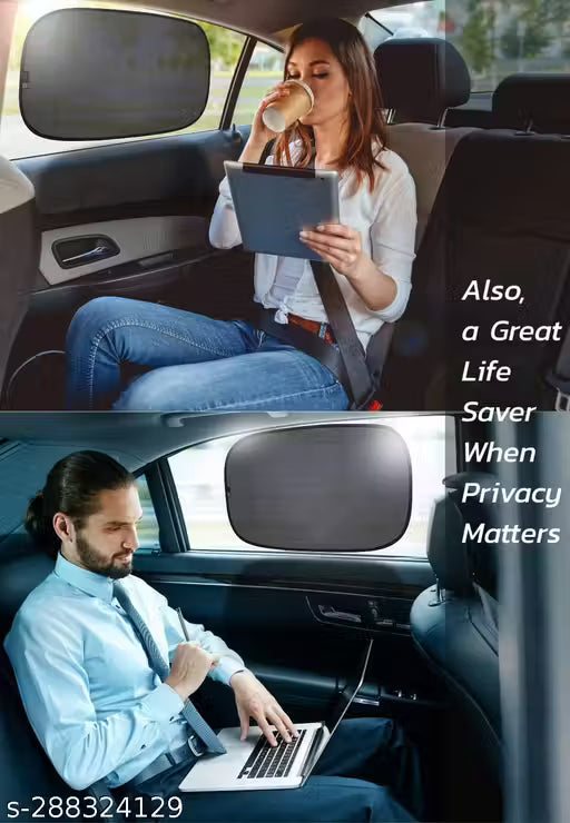 Window Sun Shade-Woman using a tablet and man using a laptop in a car with privacy screen
