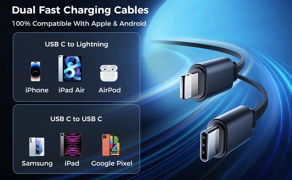 Dual fast charging cables compatible with Apple and Android devices on a blue background