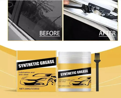 Before and after comparison of synthetic grease application on car parts with product packaging displayed.