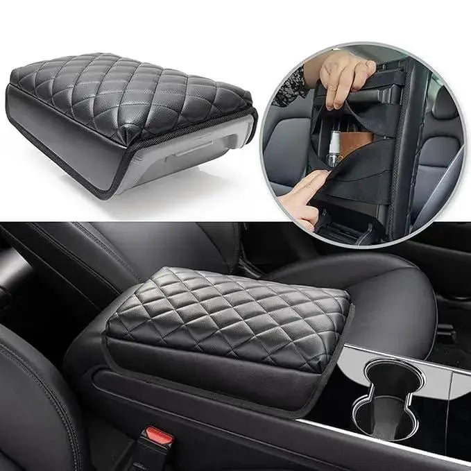 Car armrest cover with quilted design in a car interior setting