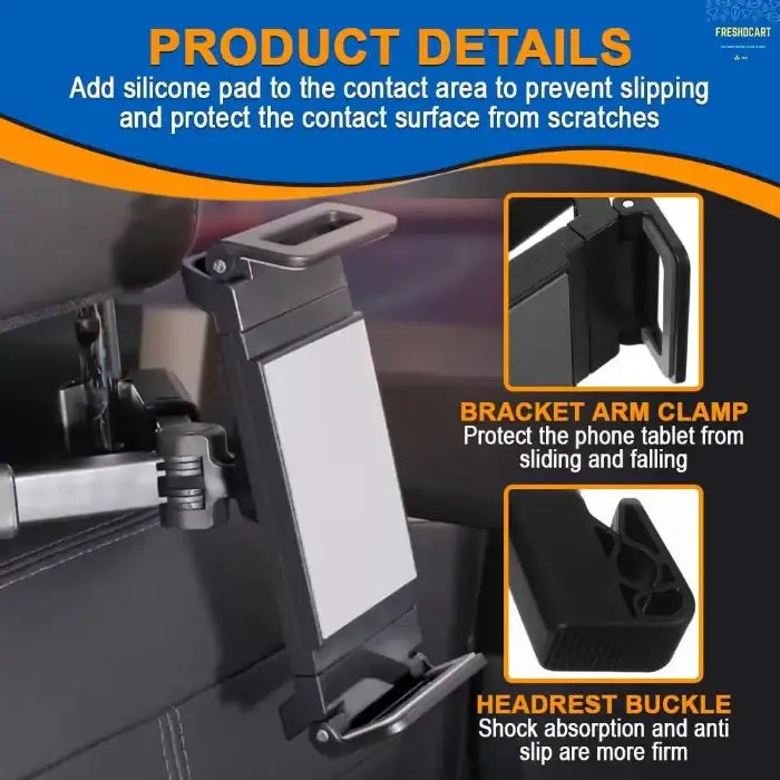 Car Tablet Holder  with bracket arm clamp and headrest buckle features, on a dark background.