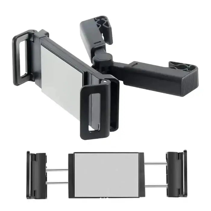 Car Tablet Holder -Black adjustable bracket with a reflective surface on a white background