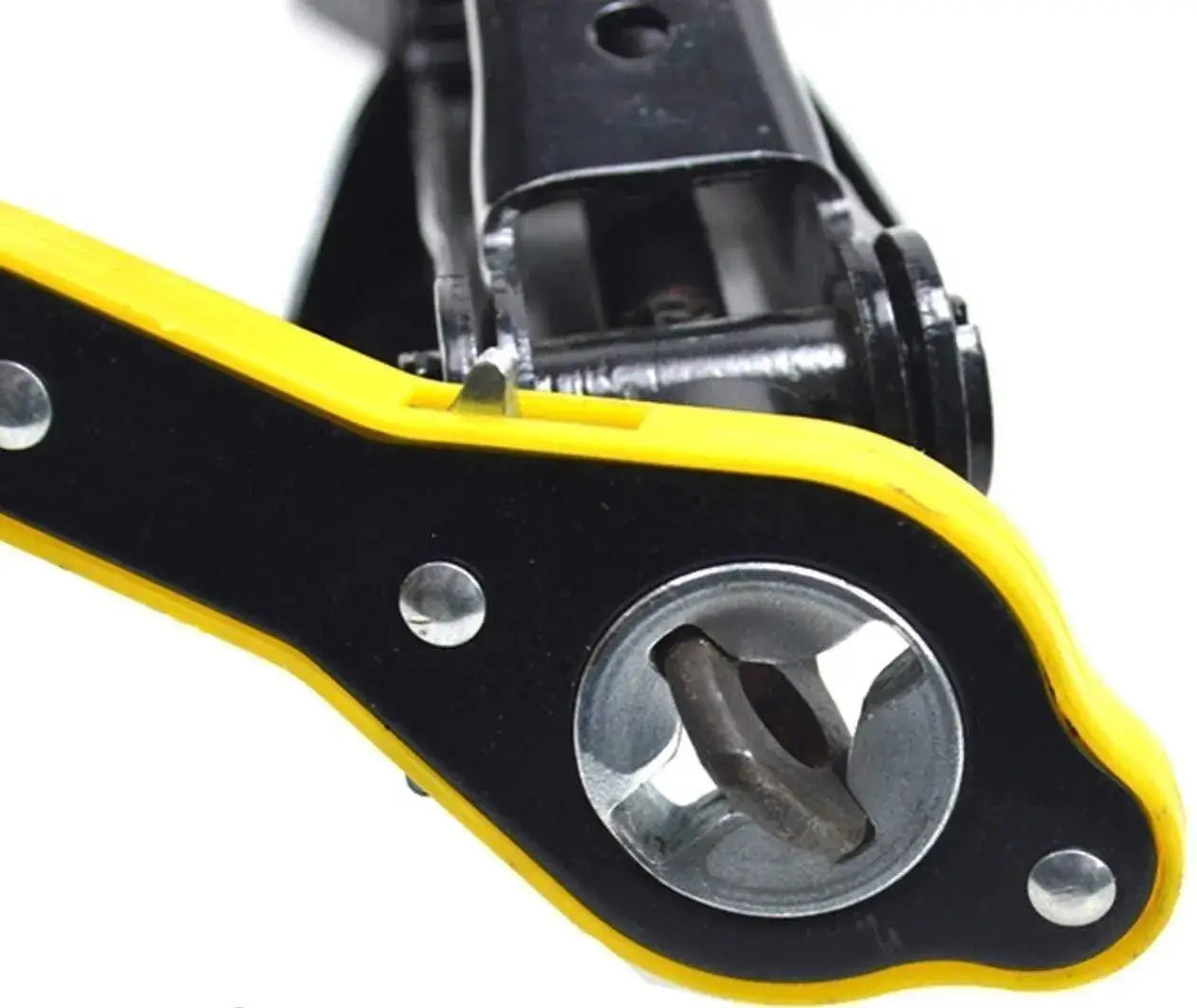Close-up of a mechanical component with yellow and black casing on a white background