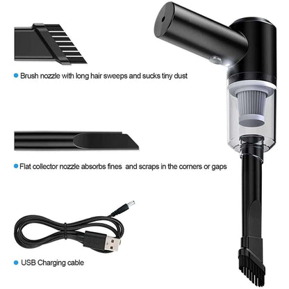 3-in-1 Car Vacuum Cleaner-Black handheld vacuum cleaner with various nozzles and USB charging cable on a white background