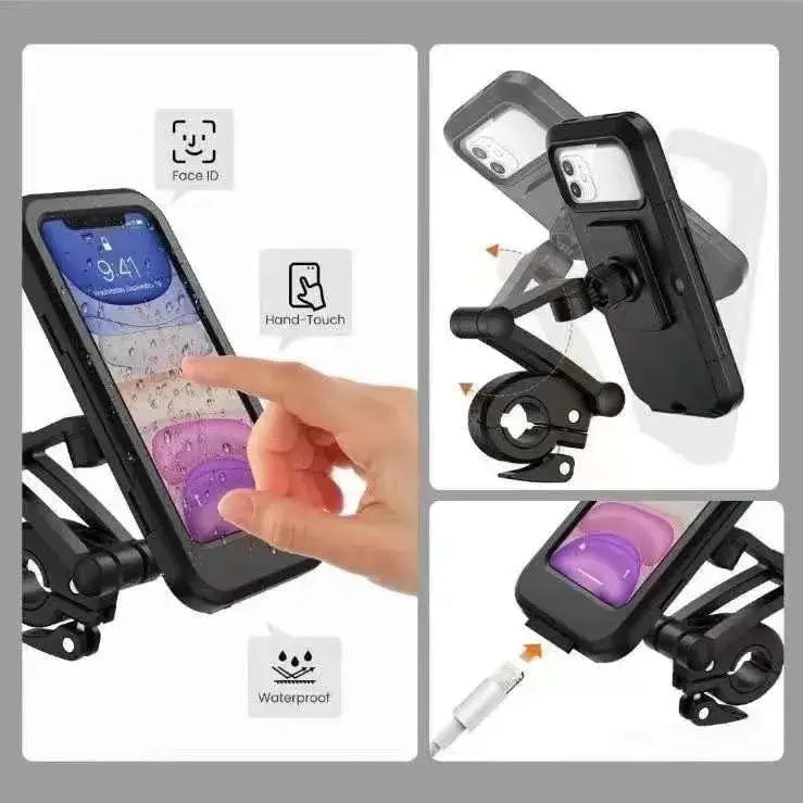 Phone holder with smartphone displaying keyboard, hand-touch feature, and waterproof label.
