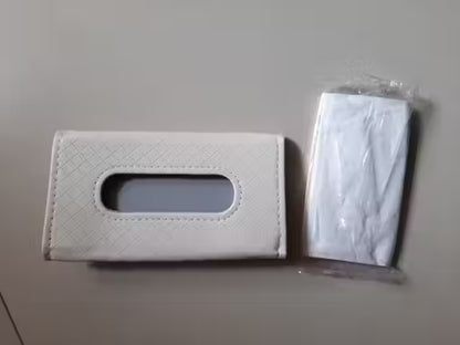 Luxury Car Tissue Paper Holder-White textured tissue box cover with a clear plastic bag on a gray background