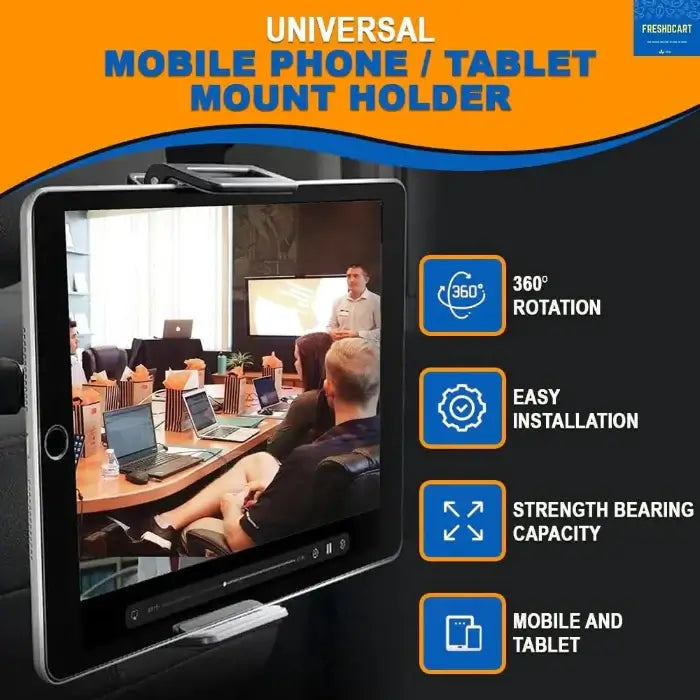 Car Tablet Holder -Universal mobile phone/tablet mount holder with features on a black background