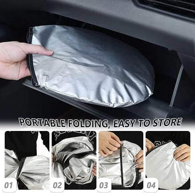 Foldable silver car window sunshade being stored in a compartment, showcasing its portable design and ease of use.