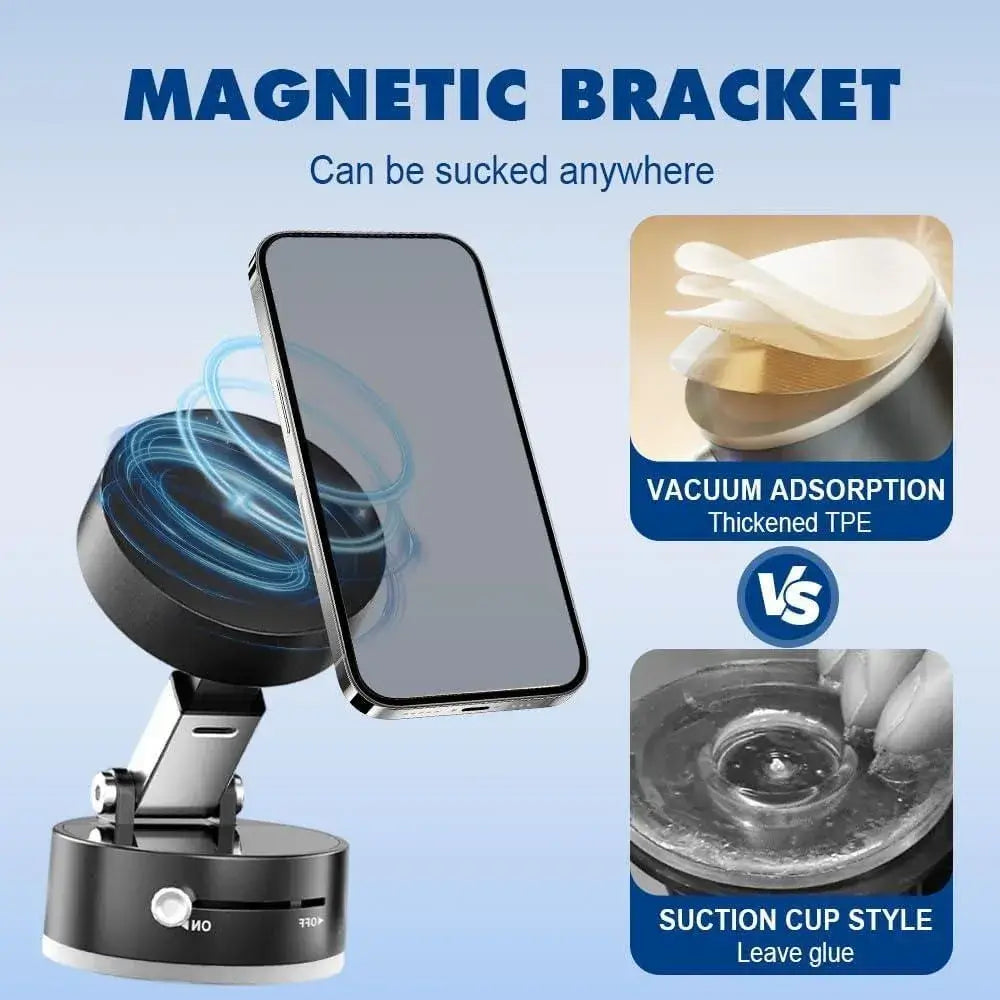 Magnetic bracket with smartphone attachment, showing vacuum adsorption and suction cup style comparison on a light blue background.