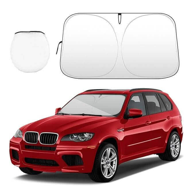 Foldable car window sunshade with a red SUV, designed to block UV rays and keep the car interior cool.