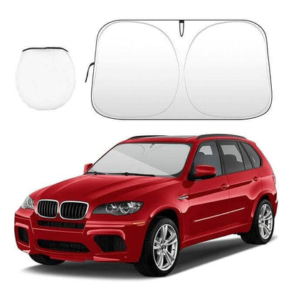 Foldable car window sunshade with a red SUV, designed to block UV rays and keep the car interior cool.