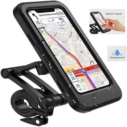 Phone mount with waterproof feature displaying a map on a white background