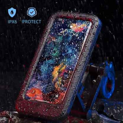 Phone with protective case in water and mud, showing IPX6 protection rating.