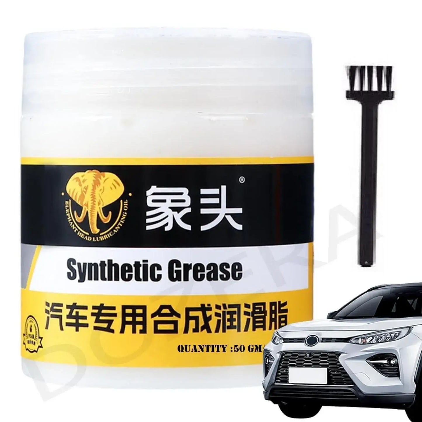 Jar of synthetic grease with a brush and car in the background