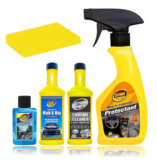 Car Cleaning & Shining Combo-Collection of Citrus Power car care products including a spray bottle, bottles, and a yellow squeegee on a white background.