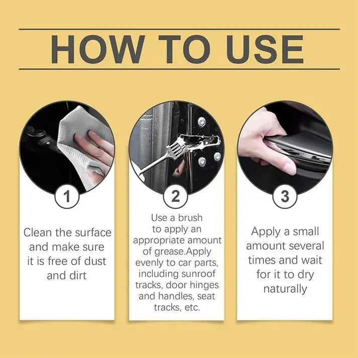 Instructions on how to use a grease application tool with three steps on a yellow background.