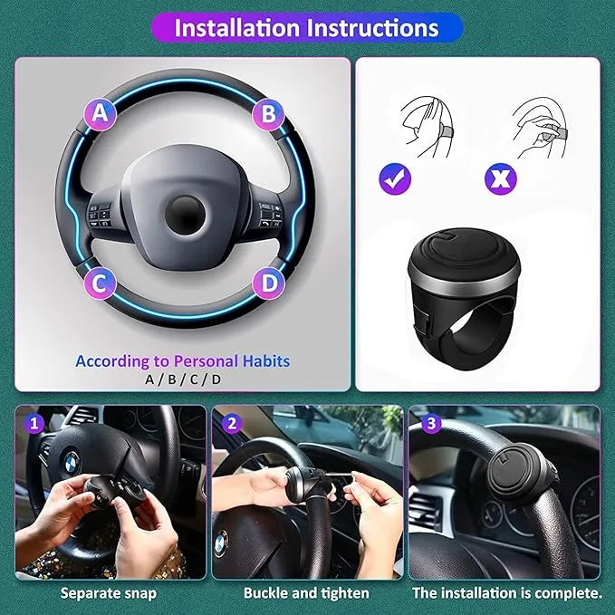Installation instructions for a car steering wheel cover with diagrams and step-by-step visuals.