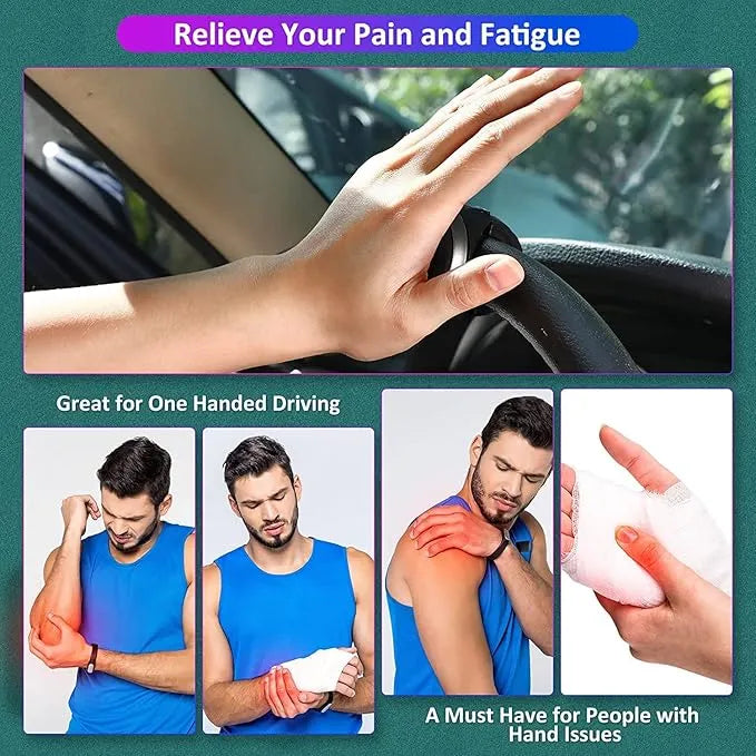 Hand using a wrist support device with text on pain relief and suitability for one-handed driving.