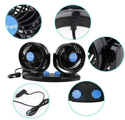 Mitchell 12V Dual-Head Car Fan with 360° rotation, featuring adjustable speed settings and flexible heads for optimal airflow.