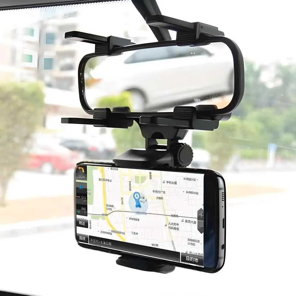 Premium 360° mobile phone holder mounted on a car's rearview mirror with GPS navigation displayed.
