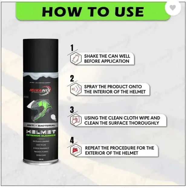 Helmet Cleaner Spray- helmet hygiene cleaner with usage instructions on a gray background