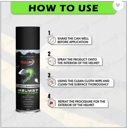 Helmet Cleaner Spray- helmet hygiene cleaner with usage instructions on a gray background