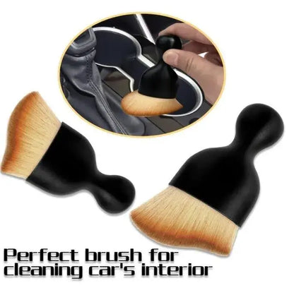Best Car Dust Brush-Car interior cleaning brush with wooden bristles and black handle, inset showing use on car dashboard.