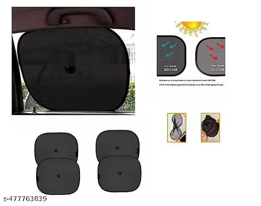 Window Sun Shade with UV protection features and additional black car mats on a white background.