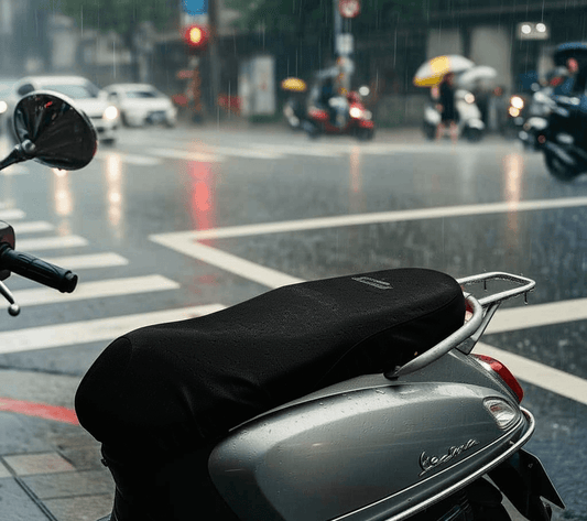 Waterproof bike seat cover on a scooter in the rain, showcasing protection against wet weather.