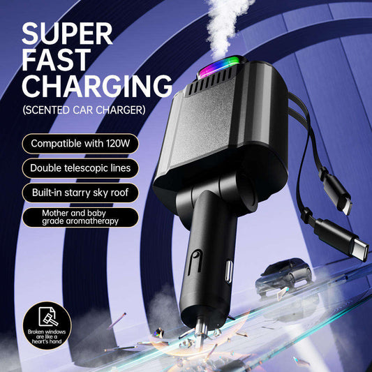 Starlight Car Charger 2026 | Dual Retractable Cables, Aromatherapy Diffuser & LED Light